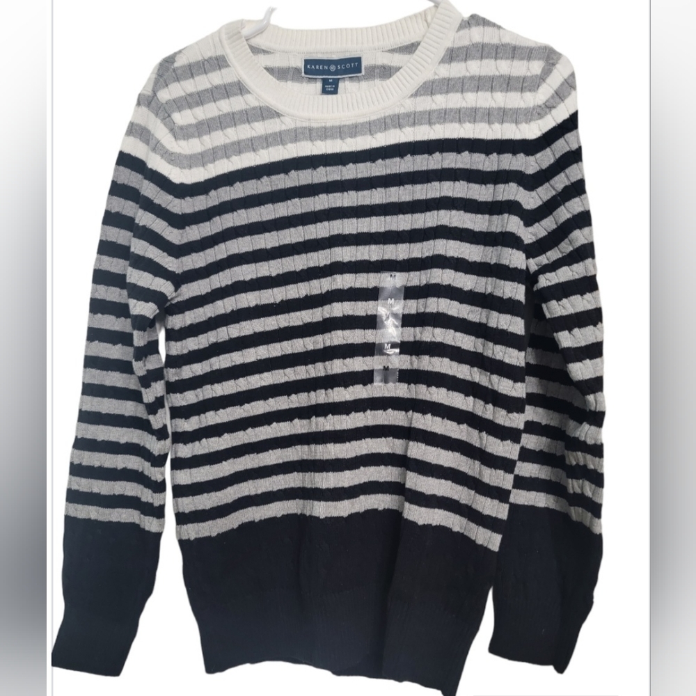 Karen Scott Women’s Cable Crew Knit Black Gray White Sweater Size M NWT